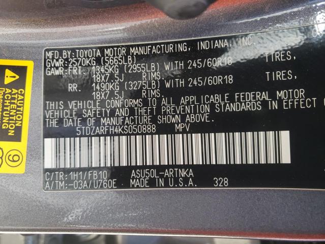 Photo 10 from auction – 2019 TOYOTA HIGHLANDER with VIN 5TDZARFH4KS050888