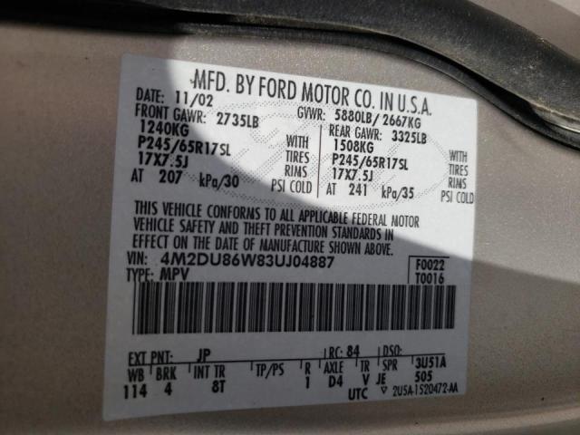 Photo 10 from auction – 2003 MERCURY MOUNTAINEE with VIN 4M2DU86W83UJ04887