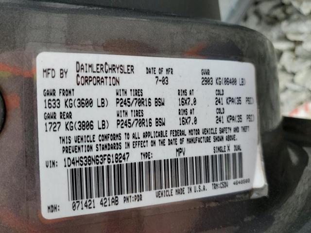 Photo 10 from auction – 2003 DODGE DURANGO SP with VIN 1D4HS38N63F618247