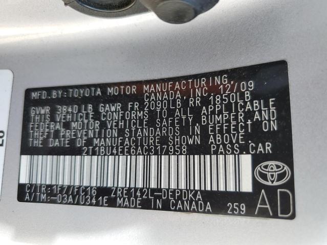 Photo 10 from auction – 2010 TOYOTA COROLLA BA with VIN 2T1BU4EE6AC317958