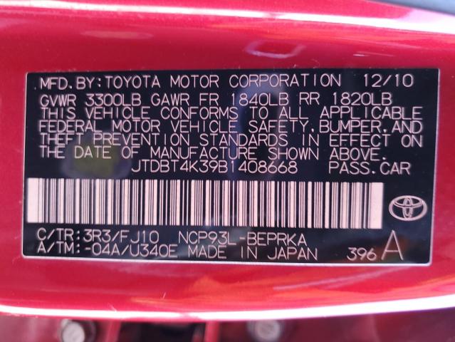 Photo 10 from auction – 2011 TOYOTA YARIS with VIN JTDBT4K39B1408668