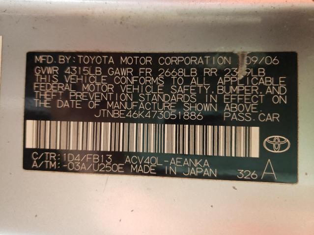 Photo 10 from auction – 2007 TOYOTA CAMRY CE with VIN JTNBE46K473051886
