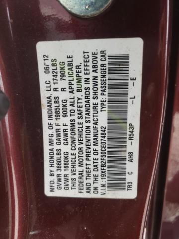 Photo 10 from auction – 2012 HONDA CIVIC LX with VIN 19XFB2F50CE074842