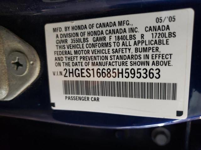 Photo 10 from auction – 2005 HONDA CIVIC LX with VIN 2HGES16685H595363