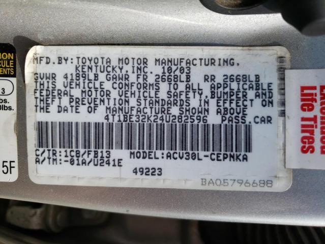 Photo 10 from auction – 2004 TOYOTA CAMRY with VIN 4T1BE32K24U282596