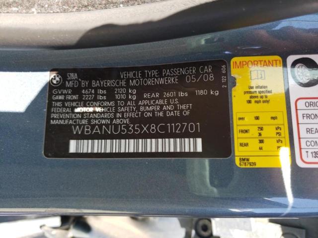 Photo 10 from auction – 2008 BMW 5 SERIES with VIN WBANU535X8C112701