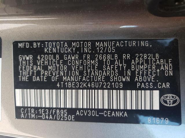 Photo 10 from auction – 2006 TOYOTA CAMRY LE with VIN 4T1BE32K46U722109