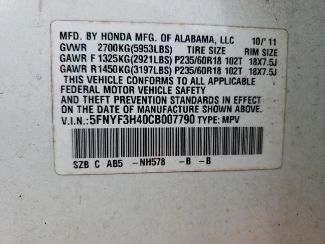 Photo 10 from auction – 2012 HONDA PILOT EX with VIN 5FNYF3H40CB007790