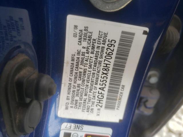 Photo 10 from auction – 2008 HONDA CIVIC SI with VIN 2HGFA555X8H706295
