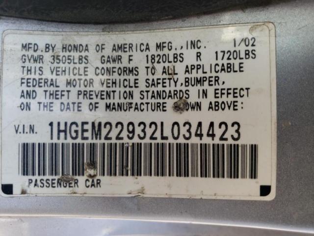 Photo 10 from auction – 2002 HONDA CIVIC EX with VIN 1HGEM22932L034423