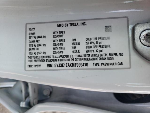 Photo 10 from auction – 2021 TESLA MODEL 3 with VIN 5YJ3E1EAXMF099410
