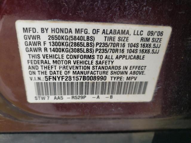 Photo 10 from auction – 2007 HONDA PILOT LX with VIN 5FNYF28157B008990