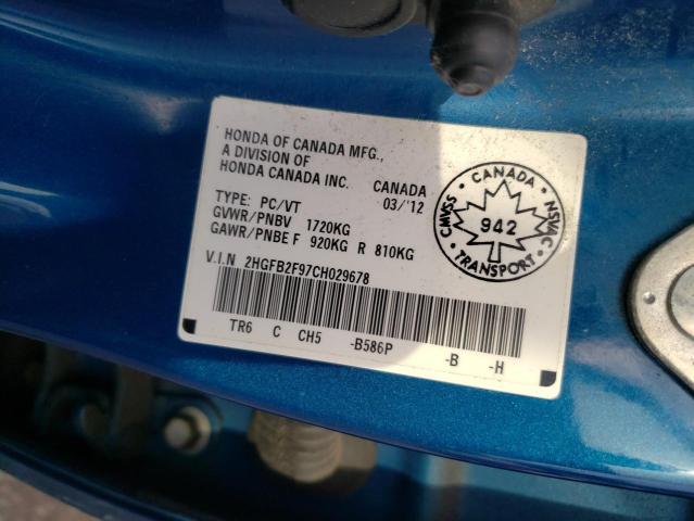Photo 10 from auction – 2012 HONDA CIVIC EXL with VIN 2HGFB2F97CH029678