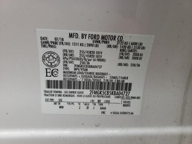 Photo 10 from auction – 2019 FORD FLEX SEL with VIN 2FMGK5C85KBA04727