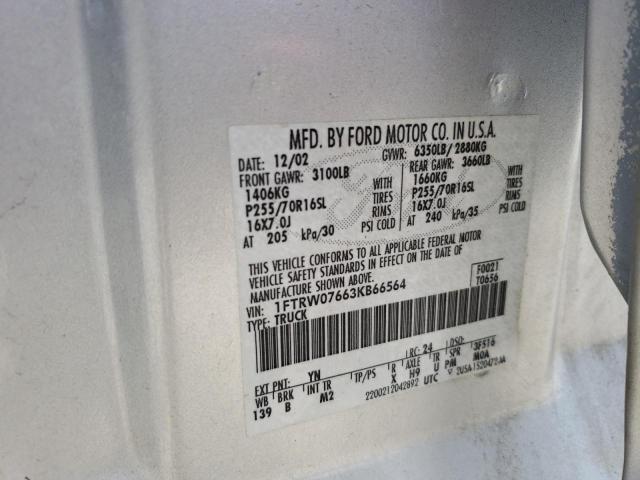 Photo 10 from auction – 2003 FORD F150 SUPER with VIN 1FTRW07663KB66564
