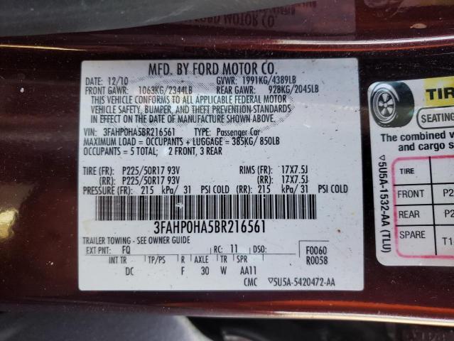 Photo 10 from auction – 2011 FORD FUSION SE with VIN 3FAHP0HA5BR216561