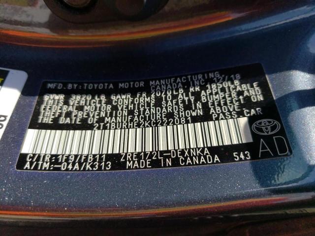 Photo 10 from auction – 2019 TOYOTA COROLLA L with VIN 2T1BURHE2KC222081
