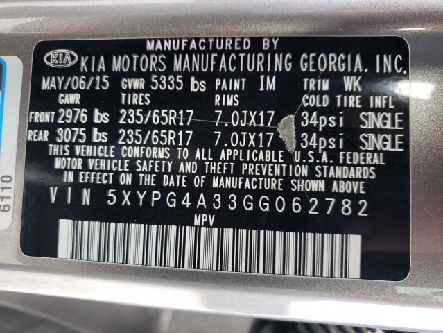 Photo 10 from auction – 2016 KIA SORENTO LX with VIN 5XYPG4A33GG062782