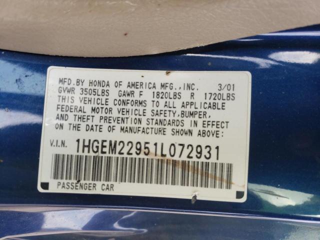 Photo 10 from auction – 2001 HONDA CIVIC SI with VIN 1HGEM22951L072931