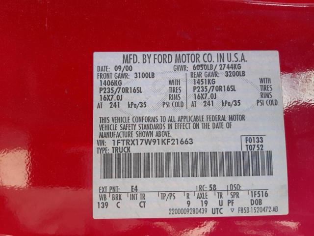 صورة رقم 10 من المزاد - 2001 FORD F150 مع VIN 1FTRX17W91KF21663