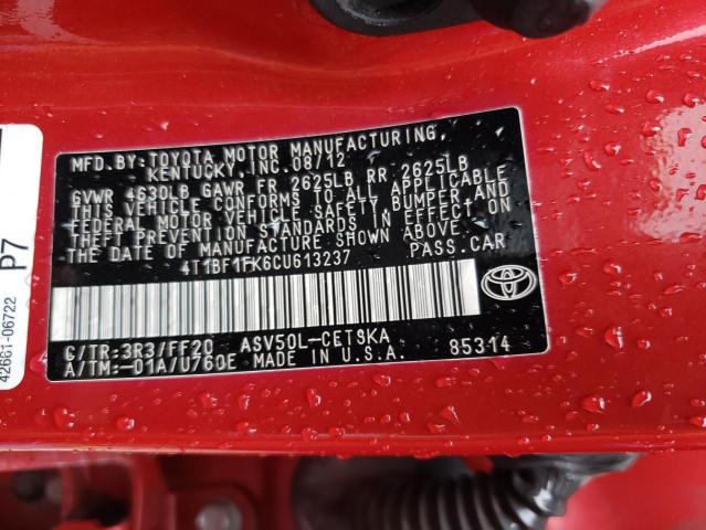 Photo 10 from auction – 2012 TOYOTA CAMRY BASE with VIN 4T1BF1FK6CU613237