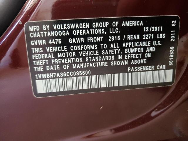 Photo 10 from auction – 2012 VOLKSWAGEN PASSAT SE with VIN 1VWBH7A36CC035600