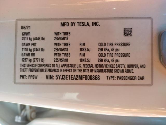 Photo 10 from auction – 2021 TESLA MODEL 3 with VIN 5YJ3E1EA2MF000868