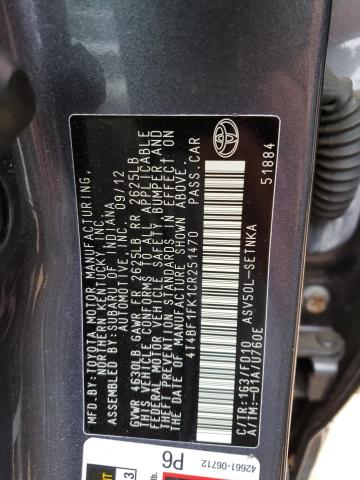 Photo 10 from auction – 2012 TOYOTA CAMRY BASE with VIN 4T4BF1FK1CR251470