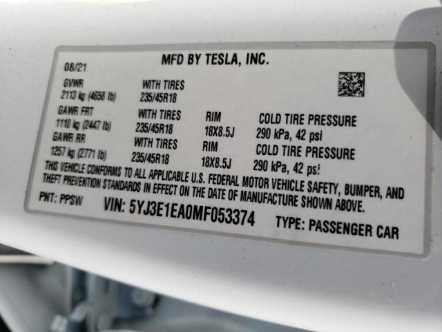 Photo 10 from auction – 2021 TESLA MODEL 3 with VIN 5YJ3E1EA0MF053374