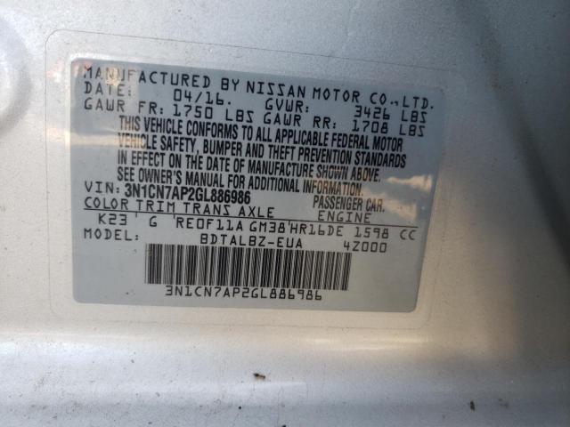 Photo 10 from auction – 2016 NISSAN VERSA S with VIN 3N1CN7AP2GL886986