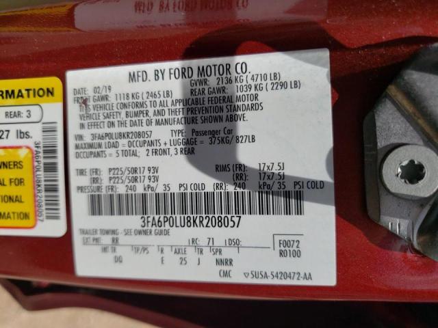Photo 10 from auction – 2019 FORD FUSION SE with VIN 3FA6P0LU8KR208057