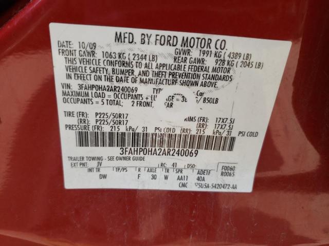 Photo 10 from auction – 2010 FORD FUSION SE with VIN 3FAHP0HA2AR240069