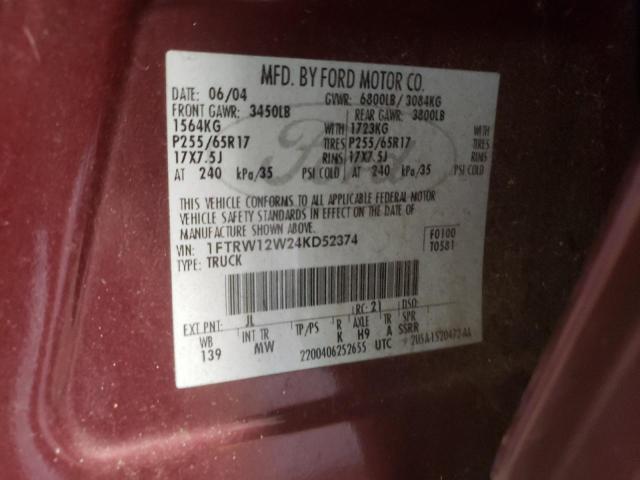 Photo 10 from auction – 2004 FORD F150 SUPER with VIN 1FTRW12W24KD52374