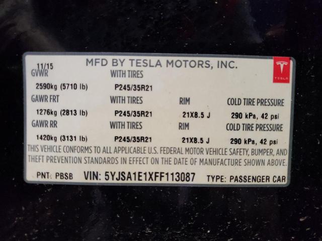 Photo 10 from auction – 2015 TESLA MODEL S with VIN 5YJSA1E1XFF113087
