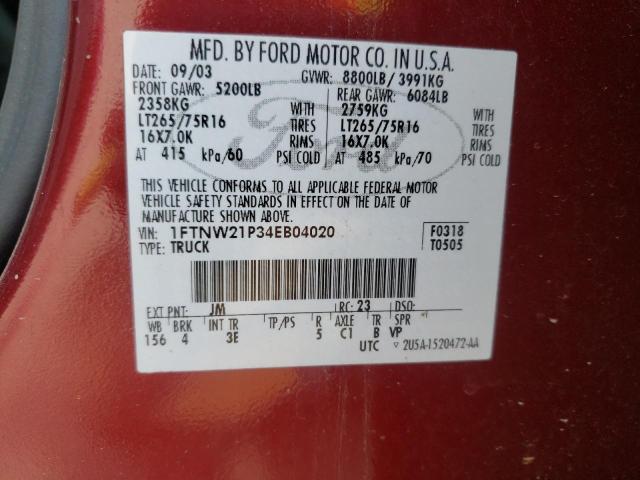 Photo 10 from auction – 2004 FORD F250 SUPER with VIN 1FTNW21P34EB04020