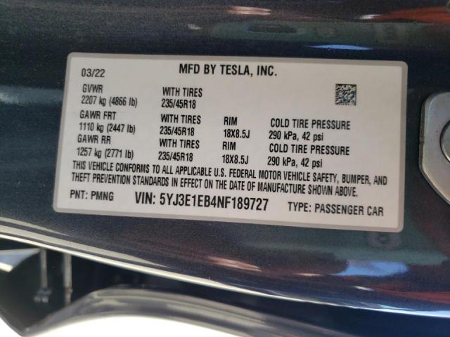Photo 10 from auction – 2022 TESLA MODEL 3 with VIN 5YJ3E1EB4NF189727
