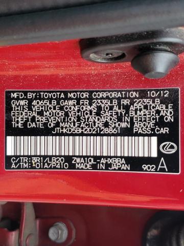 Photo 10 from auction – 2013 LEXUS CT 200 with VIN JTHKD5BH2D2128861