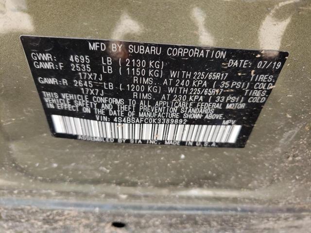 Photo 10 from auction – 2019 SUBARU OUTBACK 2. with VIN 4S4BSAFC0K3389892