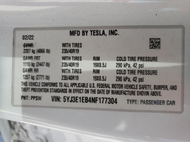 Photo 10 from auction – 2022 TESLA MODEL 3 with VIN 5YJ3E1EB4NF177304