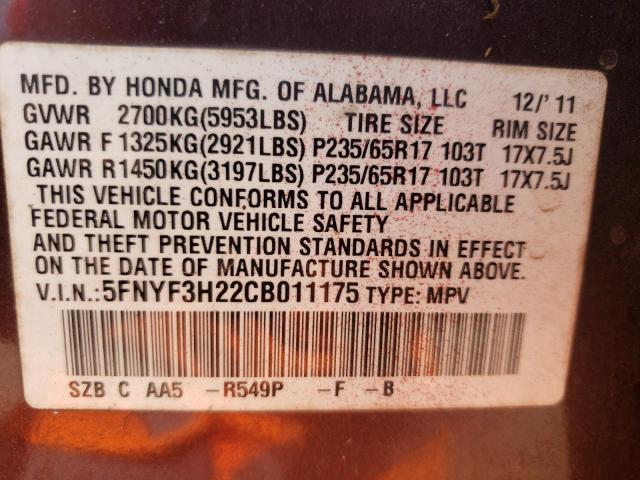Photo 10 from auction – 2012 HONDA PILOT LX with VIN 5FNYF3H22CB011175