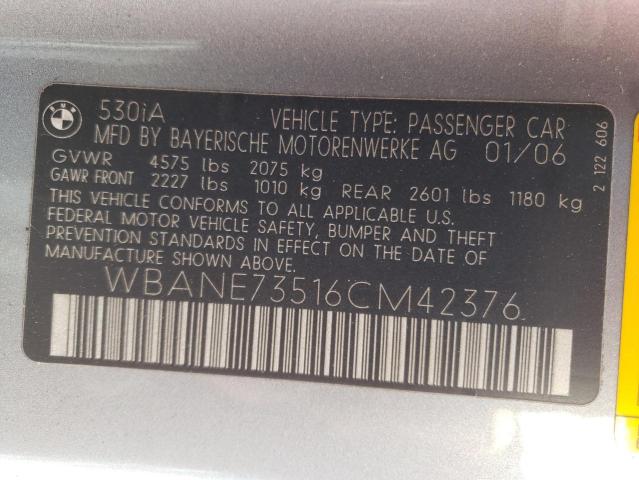 Photo 10 from auction – 2006 BMW 530 I with VIN WBANE73516CM42376