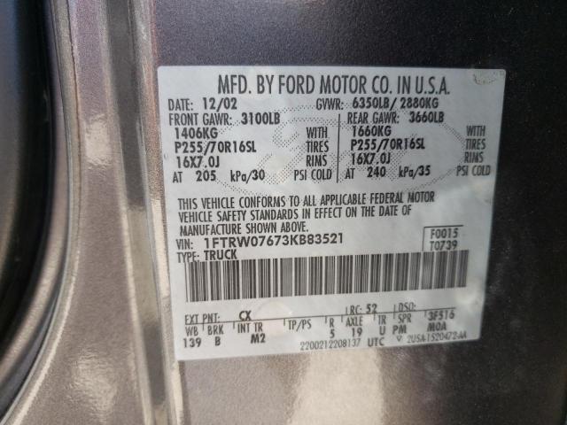 Photo 10 from auction – 2003 FORD F150 SUPER with VIN 1FTRW07673KB83521