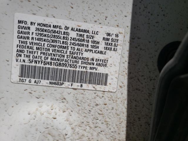 Photo 10 from auction – 2016 HONDA PILOT EXL with VIN 5FNYF6H81GB097655