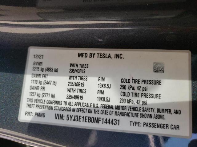 Photo 10 from auction – 2022 TESLA MODEL 3 with VIN 5YJ3E1EB0NF144431