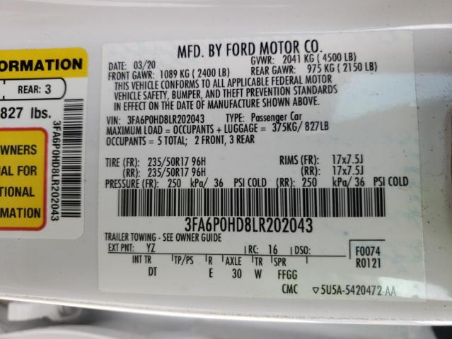 Photo 10 from auction – 2020 FORD FUSION SE with VIN 3FA6P0HD8LR202043