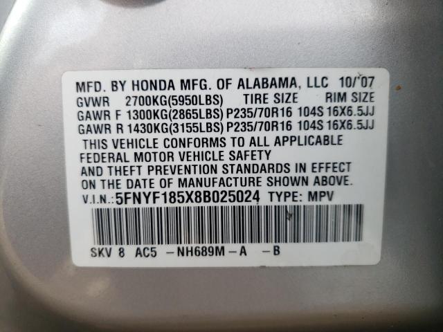Photo 10 from auction – 2008 HONDA PILOT EXL with VIN 5FNYF185X8B025024