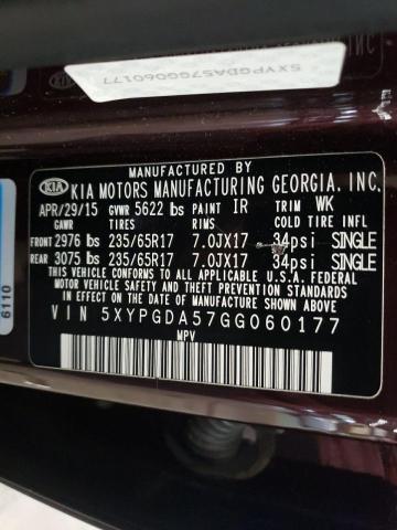 Photo 10 from auction – 2016 KIA SORENTO LX with VIN 5XYPGDA57GG060177