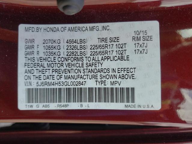 Photo 10 from auction – 2016 HONDA CR-V EX with VIN 5J6RM4H53GL002847