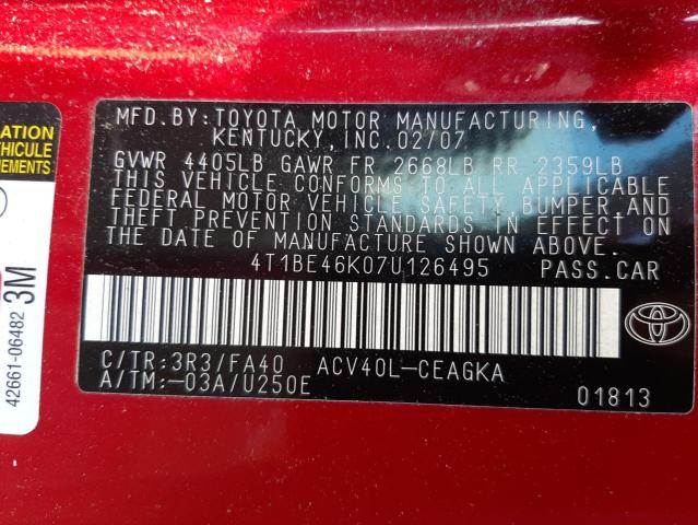 Photo 10 from auction – 2007 TOYOTA CAMRY CE with VIN 4T1BE46K07U126495