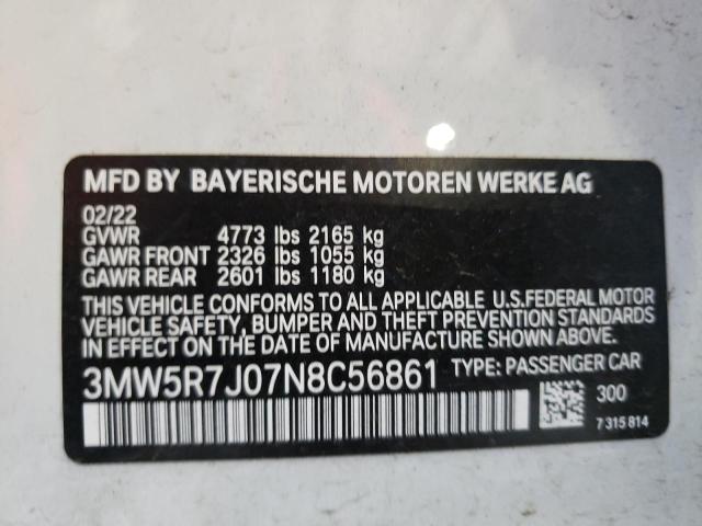 Photo 10 from auction – 2022 BMW 330XI with VIN 3MW5R7J07N8C56861